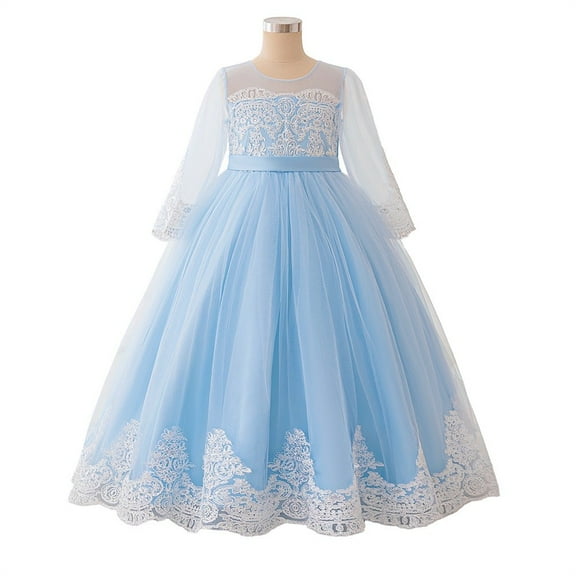 Girls Elegant Long Sleeve Lace Tulle Floor Length Formal Dress Princess Girl Gown Wedding Party