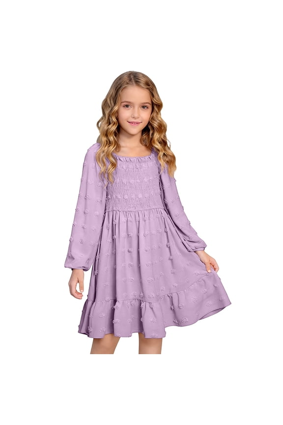 Girls Elegant Long Sleeve Square Neck Ruffle Detail Smocked Waist Casual Party Dress for Kids Everyday Wear