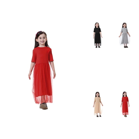 Girls Elegant Maxi Dress, Ethnic Style Round Neck Short Sleeve Floor Length Holiday Dress with Pockets (5-14 Years)