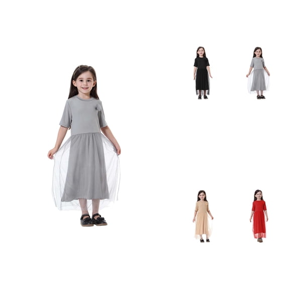 Girls Elegant Maxi Dress, Ethnic Style Round Neck Short Sleeve Floor Length Holiday Dress with Pockets (5-14 Years)