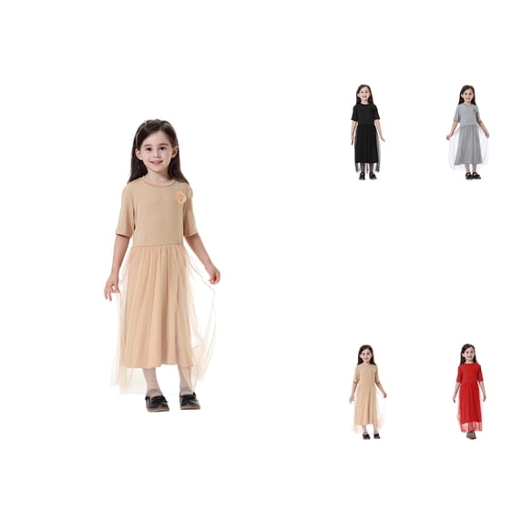 Girls Elegant Maxi Dress, Ethnic Style Round Neck Short Sleeve Floor Length Holiday Dress with Pockets (5-14 Years)