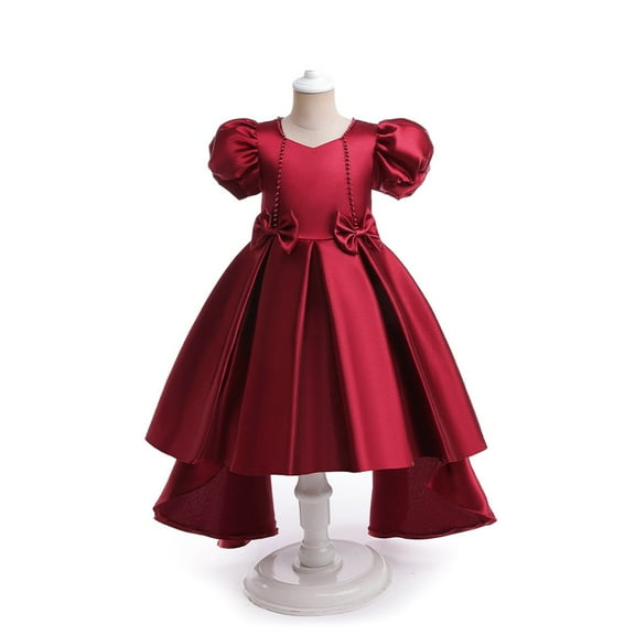 Girls Elegant Princess High Low Dress with Puff Sleeves Satin Formal Gown