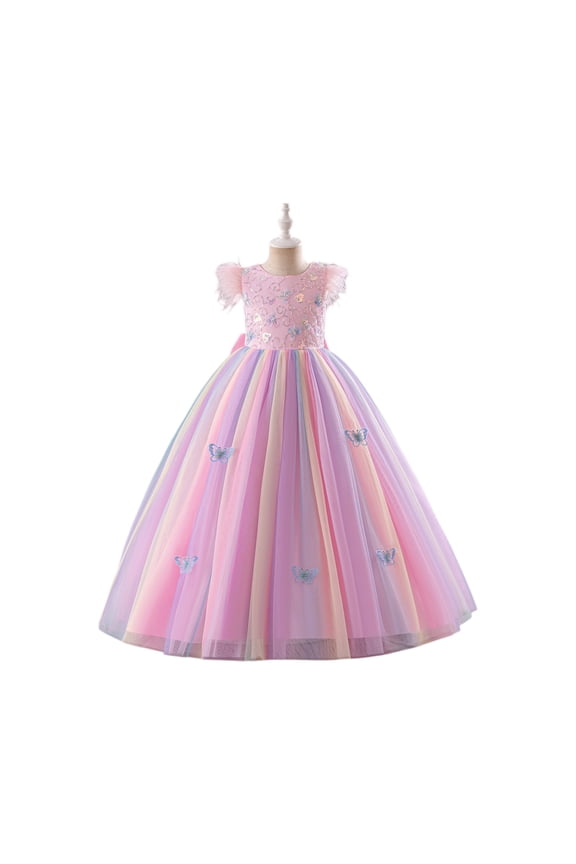 Girls Elegant Princess Long Tulle Dress with Floral Embroidery Sleeveless Ball Gown for Birthday Party Wedding