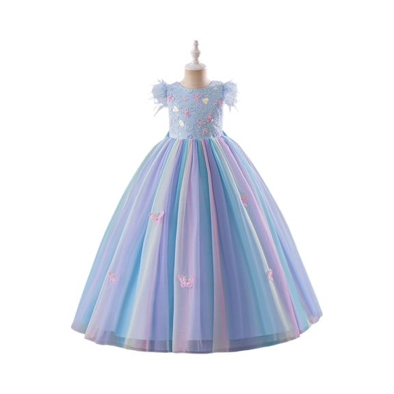 Girls Elegant Princess Long Tulle Dress with Floral Embroidery Sleeveless Ball Gown for Birthday Party Wedding