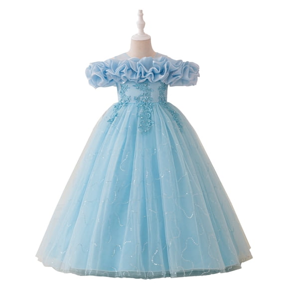 Girls Elegant Ruffle Off Shoulder Lace Flower Girl Dress Formal Wedding Party Gown Princess Birthday Pageant Dress