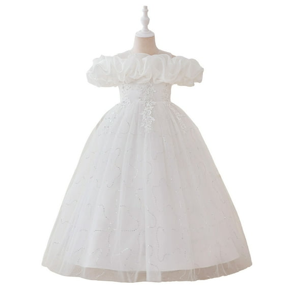 Girls Elegant Ruffle Off Shoulder Lace Flower Girl Dress Formal Wedding Party Gown Princess Birthday Pageant Dress