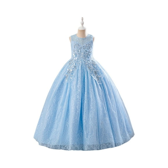 Girls Elegant Sleeveless Floral Lace Embroidered Tulle Ball Gown Dress for Birthday Party Wedding