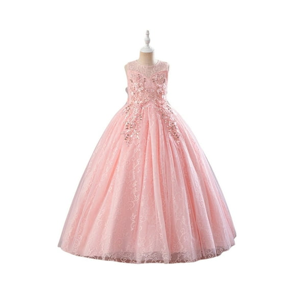 Girls Elegant Sleeveless Floral Lace Embroidered Tulle Ball Gown Dress for Birthday Party Wedding