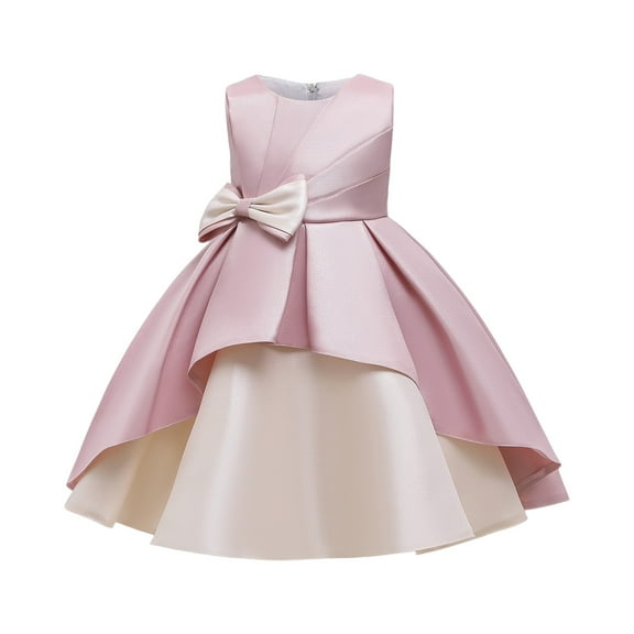Girls Elegant Sleeveless High Low Flower Girl Dress with Bowknot Satin Formal Party Gown for Wedding Birthday Pageant Events