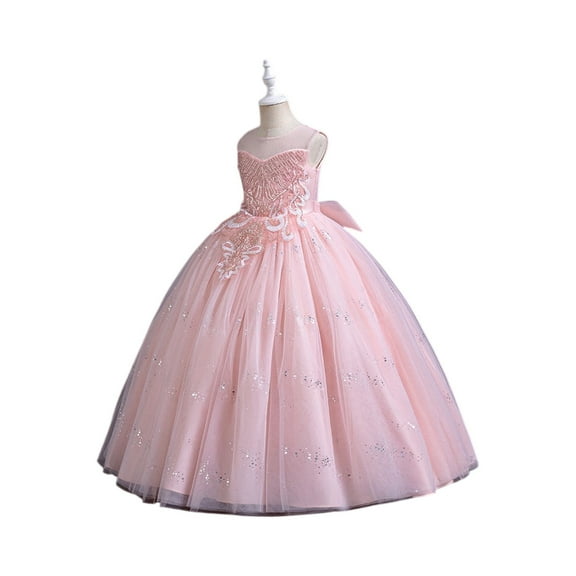 Girls Elegant Sleeveless Tulle Flower Dress Kid Girl Princess Gown with Embroidered Details and Bow Back