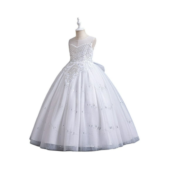 Girls Elegant Sleeveless Tulle Flower Dress Kid Girl Princess Gown with Embroidered Details and Bow Back