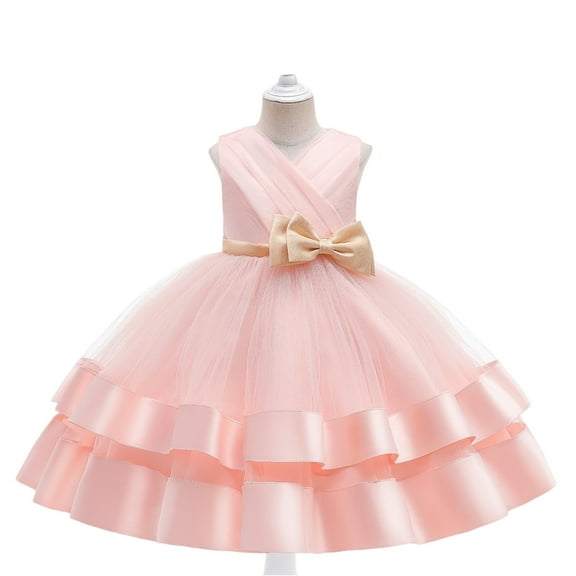Girls Elegant Sleeveless Tulle Flower Girl Dress with Bow Princess Birthday Party Wedding Formal Gown for Kids Children