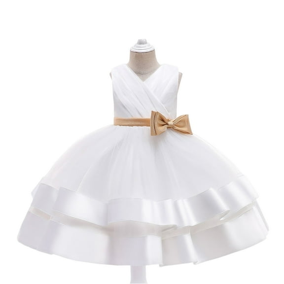 Girls Elegant Sleeveless Tulle Flower Girl Dress with Bow Princess Birthday Party Wedding Formal Gown for Kids Children