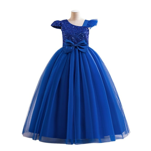 Girls Elegant Tulle Floor Length Dress with Sequin Bodice Bowknot and Puffy Sleeves for Parties Weddings Birthdays Formal Events