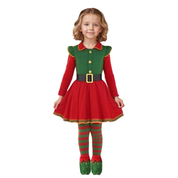 Girls Elf Outfit Short Sleeve Christmas Elf Dress Girls Hat Set Festive Dress Outfit Christmas Outfits for Girls Size 8-10 years
