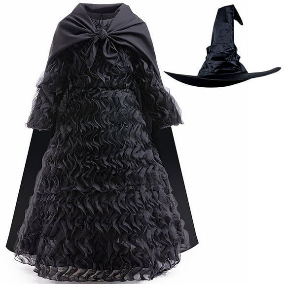 Girls Black Witch Costume Dress with Cape Hat Female Halloween Cosplay Outfits for 5-6Y