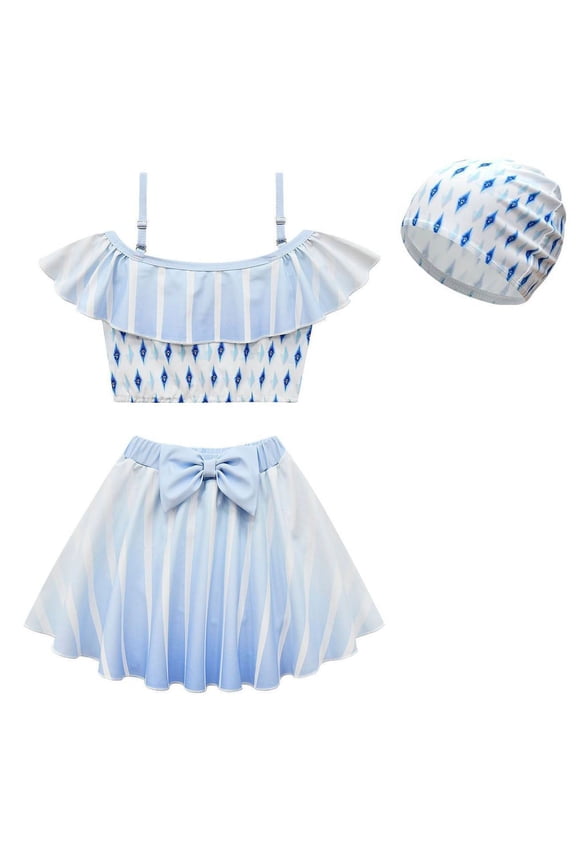 Girls Elsa Swimsuit Snow Queen Two-Piece Bathing Suit Tankini w/Swim Cap, Size 2-8