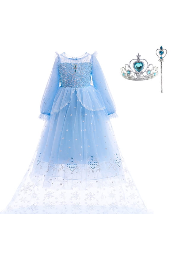 Girls Elsa Tulle Princess Costume Dress Long Sleeve Fancy Birthday Party Gown
