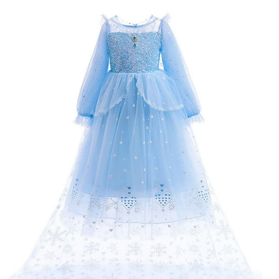 Girls Elsa Tulle Princess Costume Dress Long Sleeve Fancy Birthday Party Gown