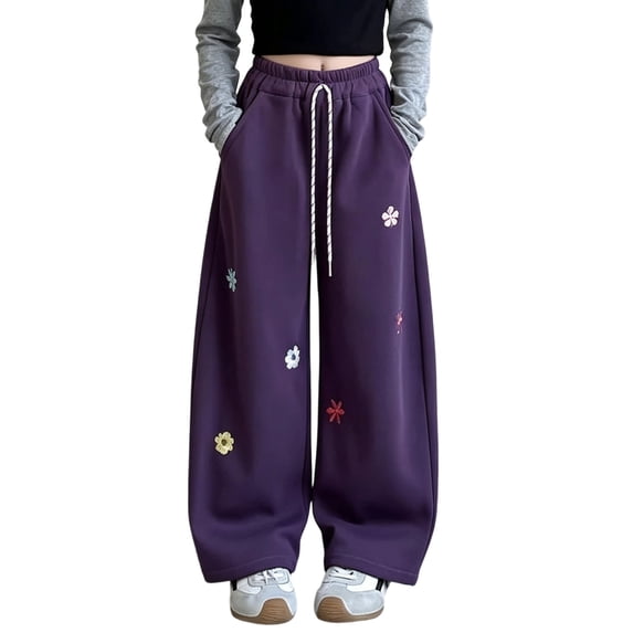 Girls Embroidered Sweatpants with Pockets Baggy Casual Cute Elastic Waist Drawstring Kids Wide Leg Pants Purple 6-14