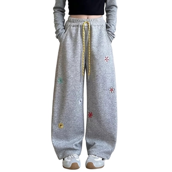 Girls Embroidered Sweatpants with Pockets Cute Elastic Waist Drawstring Baggy Casual Kids Wide Leg Pants Gray 10