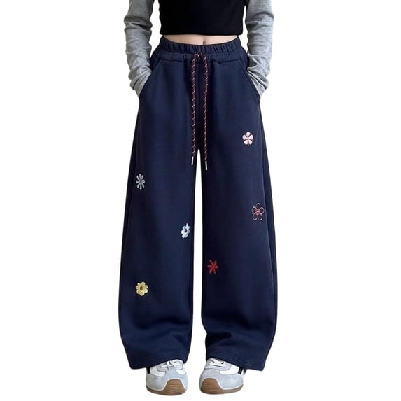 Girls Embroidered Sweatpants with Pockets Elastic Waist Drawstring Cute Casual Baggy Kids Wide Leg Pants Navy 8