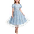 thumbnail image 1 of Girls Embroidered Tulle Dress Puff Sleeve Floral Ruffle Aline Dress Formal Birthday Party Dresses Blue, Size 7-8, 1 of 6