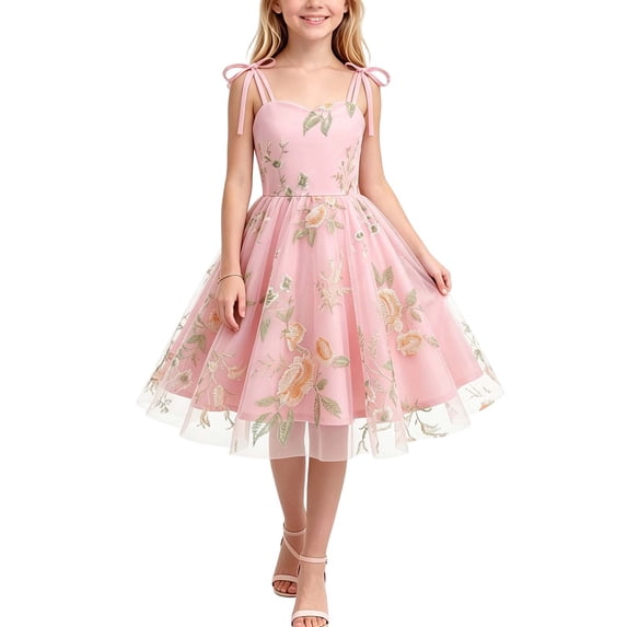 Girls Embroidered Tulle Dress Spaghetti Strap Floral Ruffle Aline Dress Sleeveless Formal Birthday Party Dresses Pink, Size 10-11