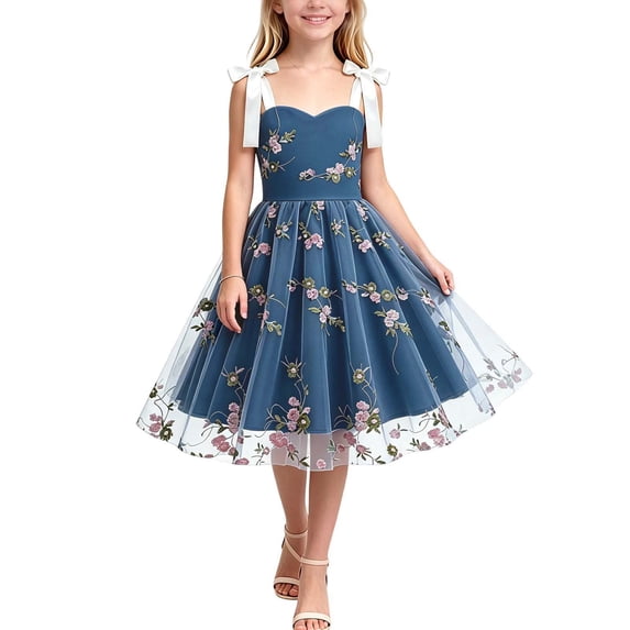 Girls Embroidered Tulle Dress Tie Strap Floral Ruffle Aline Dress Sleeveless Formal Birthday Party Dresses Dark Blue, Size 9-10