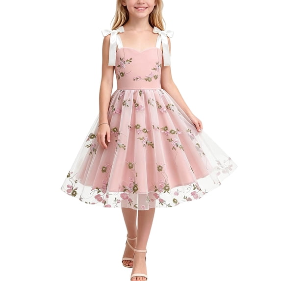 Girls Embroidered Tulle Dress Tie Strap Floral Ruffle Aline Dress Sleeveless Formal Birthday Party Dresses Pink, Size 5-6