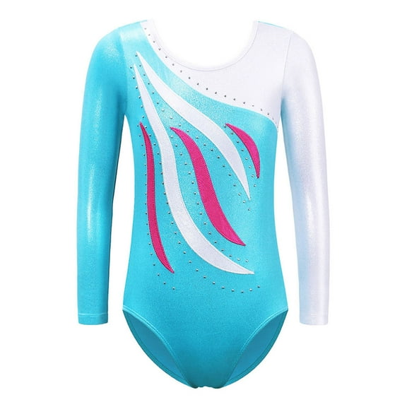 Girls Embroidery Gymnastics Leotard Long Sleeve Blue Ballet Dancewear