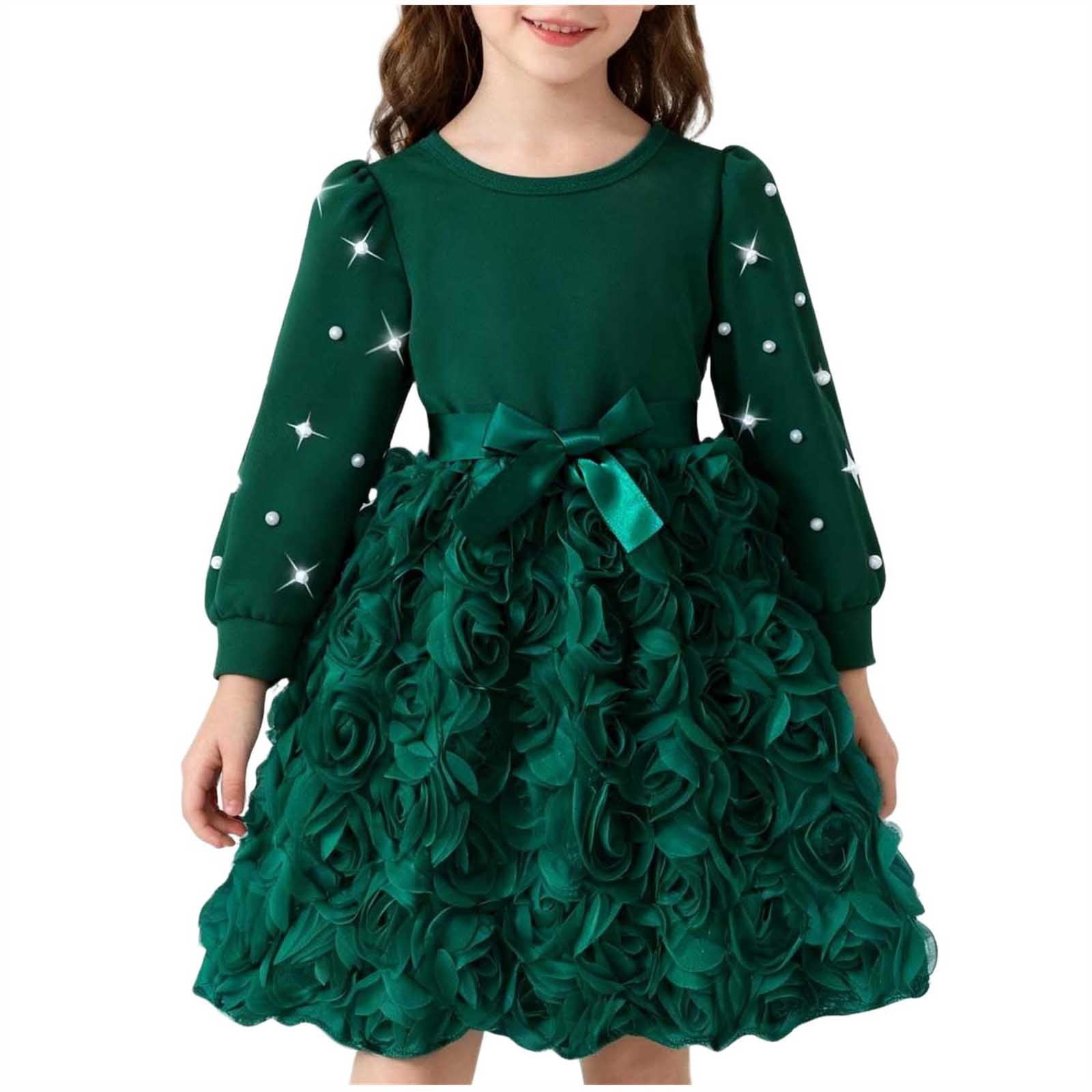 Girls Emerald Green Long Sleeve Party Dress with 3D Flowers, Fluffy  Princess Dress for Birthday Christmas Holiday,Size 7-8 T - Walmart.com