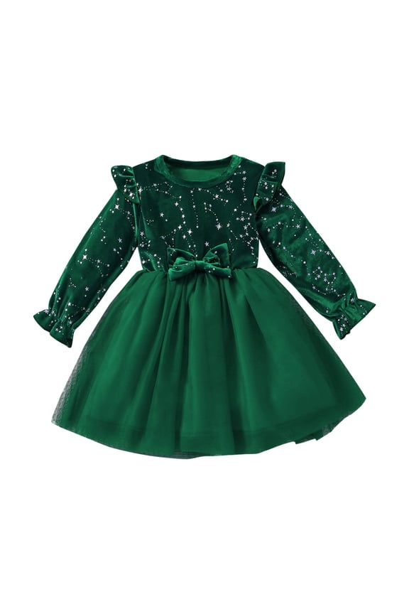 Girls Emerald Green Velvet Christmas Dress with Tulle Skirt & Star Accents Long Sleeve Holiday Party Dress,Size 7-8 T