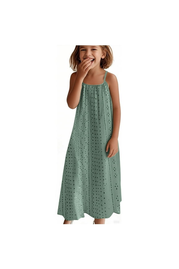 Girls Everyday Cotton Dresses New Girls Summer Eyelets Maxi Dress Spaghetti Strap Loose Crewneck Sleeveless Casual A-Line Cute Dresses Green 4 Years
