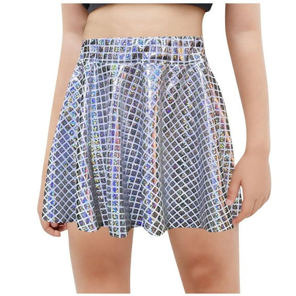 Toddler Girl Casual Skirts New Children's Shiny Dance Dress Short Skirt High Waist Pleated A-Line Mini Skort Silvery 7 Years