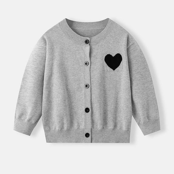 Girls Eyelet Knit Cardigan Long Sleeve Button Front Crew Neck Sweater with Print Detail for Kids Gray A 4-5 Years