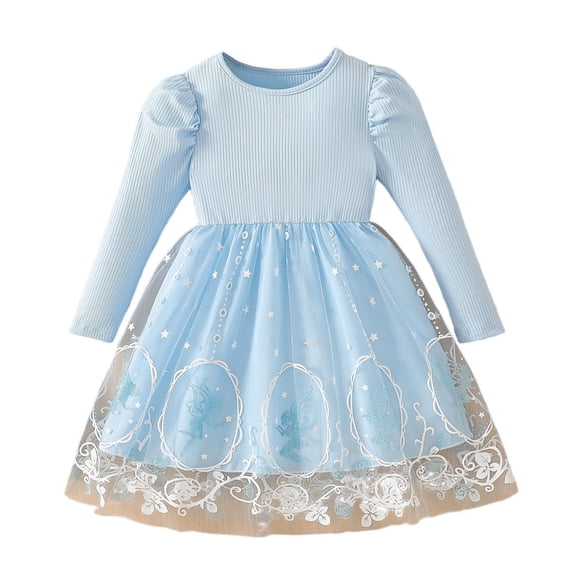 Girls Fairy Tutu Dress Long Sleeve with Puff Sleeves for Party Holiday, Blue Polyester Princess Dress for Kids 3-10 Years,Size 5-6 T