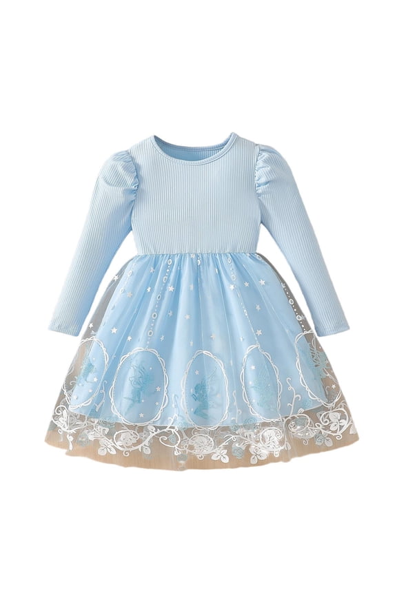 Girls Fairy Tutu Dress Long Sleeve with Puff Sleeves for Party Holiday, Blue Polyester Princess Dress for Kids 3-10 Years,Size 5-6 T