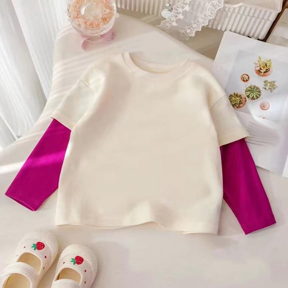Girls Fake-Two Pieces Crewneck Sweatshirts Chic Color Block Casual Toddler Baby Long Sleeve Pullover Tops for 1-9 Years
