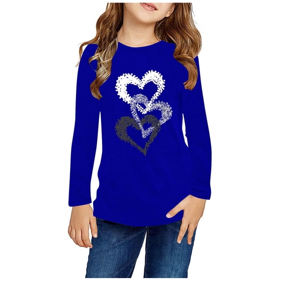 Girls Fall Basic Shirts Heart Long Sleeve Crewneck Pullover Tops Kids Casual Comfy Outfits for Cool Weather Wear Blue 3-4 Years