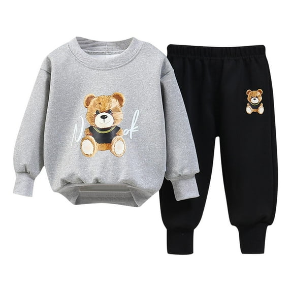 Girls Fall Clothes Set Crewneck Sweatshirt Pullover Printed Top and Joggers Pant Kids 2 Piece Cotton Outfits (6-7 Years, Gray+Black)