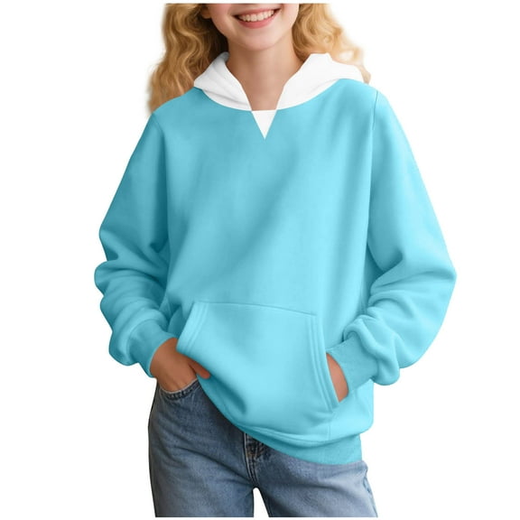 Girls' Fall Clothing Soft Hoodies with Pocket Long Sleeve Baggy Sweatshirt Winter Fleece Lined Pullover Tops (14 Years, Light Blue)