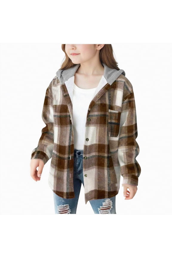 Girls Fall Coat Fall Shirts For Girls Girls Flannel Plaid Button Down Top with Pockets Long Sleeve Hooded Jackets Length Below Hip Circumference