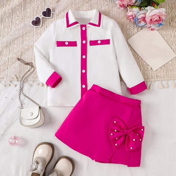 Girls Fall Fashion Color Collision Long Sleeves Lapel Shirt Beaded Bow Dress Pants Two PC Set