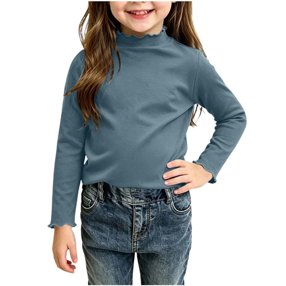 Girls Fall High Neck Long Sleeve T-Shirt Solid Color Stylish Base Layer Undershirt for Toddler & Little Kids 1-10 Years Navy