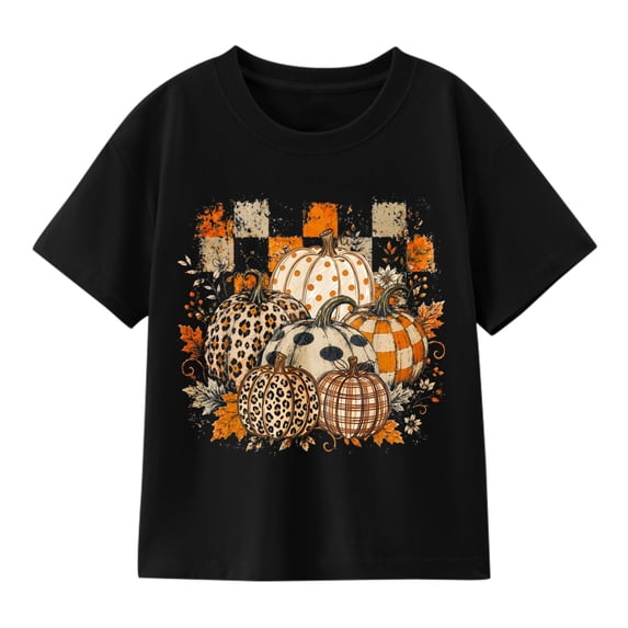 Girls' Fall Leopard Pumpkin Bow Graphic T-Shirt, Autumn Short Sleeve Shirt