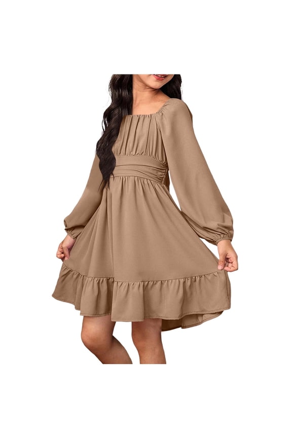 Girls Fall Long Sleeve Dress Khaki A-Line Ruffle Casual Party Square Neck Bow Back Dresses for Kids Church Formal Polyester Ages 6-12,Size 8-9T