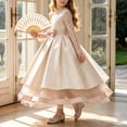 thumbnail image 1 of Girls Fall Maxi Gown Lace Long Sleeve Pearls Crewneck Cinched Bow Belted Tulle Dress Kids Elegant Fluffy Princess Dress Rose Gold 11-12 Years, 1 of 7