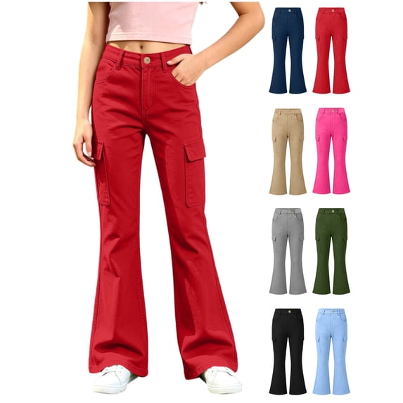 Girls Fall Outfit Flared Cargo Pants Soft Stretch High Waist Bell Bottoms with Side Pockets for Tween Girls 5-15Y