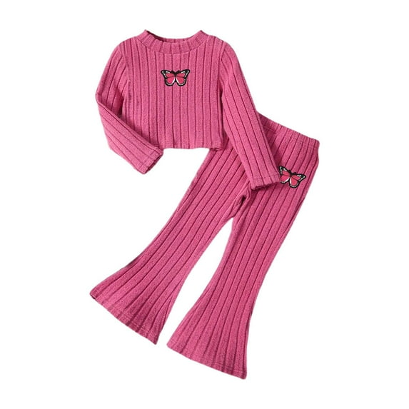 Girls Fall Outfits Girls 2 Piece Sets Long Sleeve Thermal Shirt Set Flare Pants Fall Outfit Girls Clothes Hot Pink 5 -6